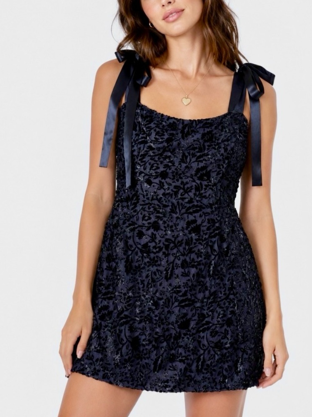 House of Harlow 1960 Blue Damask Burnout Velvet Tie-Shoulder Mini Dress